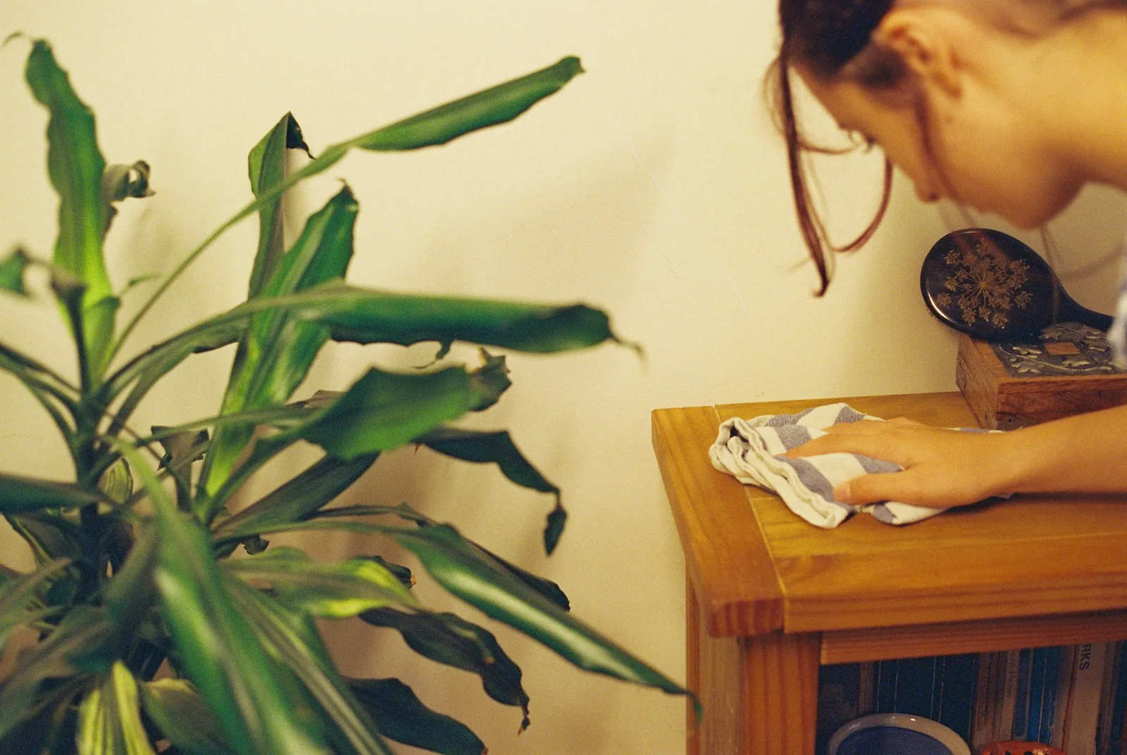 Woman wiping a wooden sideboard with a striped cloth beside a houseplant