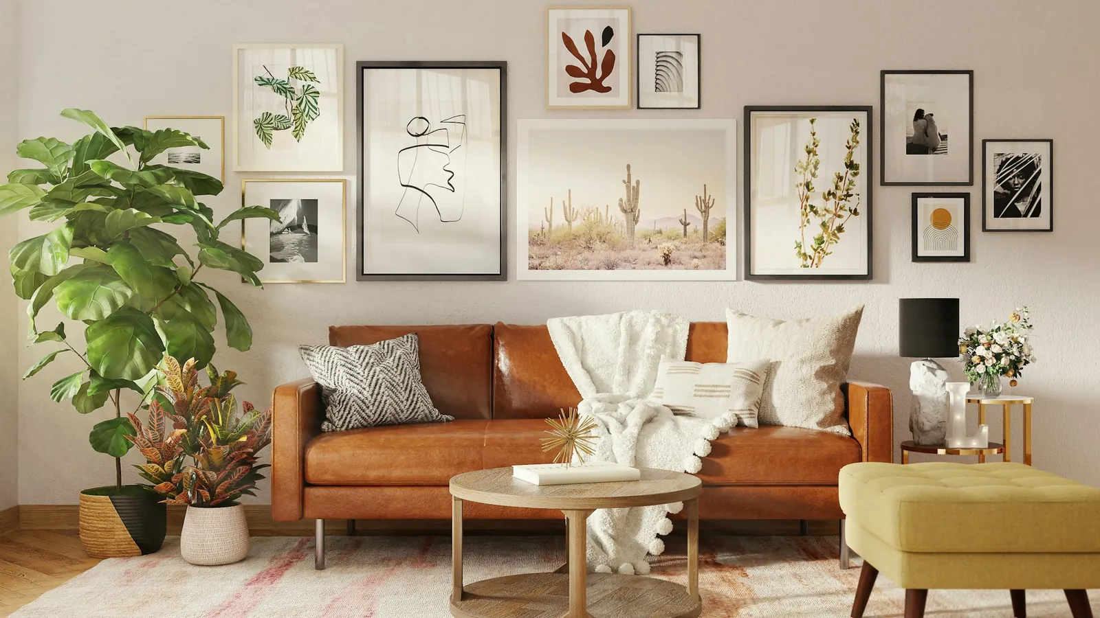 Cozy living room with brown leather sofa, gallery wall and leafy potted plants