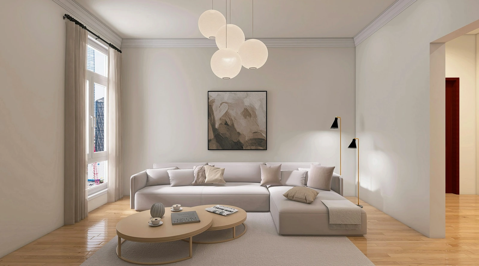 Neutral living room with light gray sectional sofa, round coffee tables and globe lights