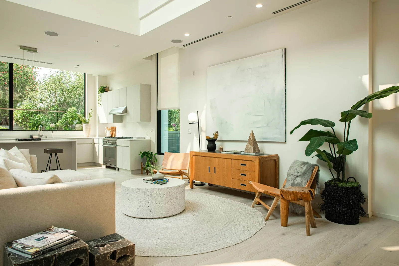 Modern living room with white sofa, wood sideboard, large plant and windows